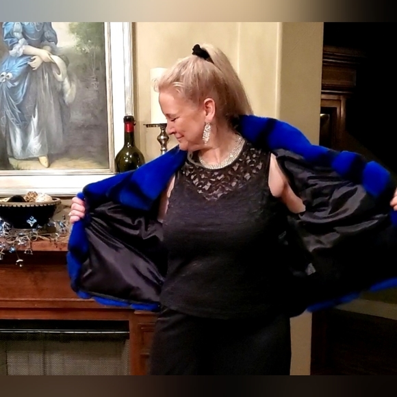 NWT Brilliant Sapphire Blue & Black Rex Chinchilla Fur Coat L/XL - Picture 9 of 17